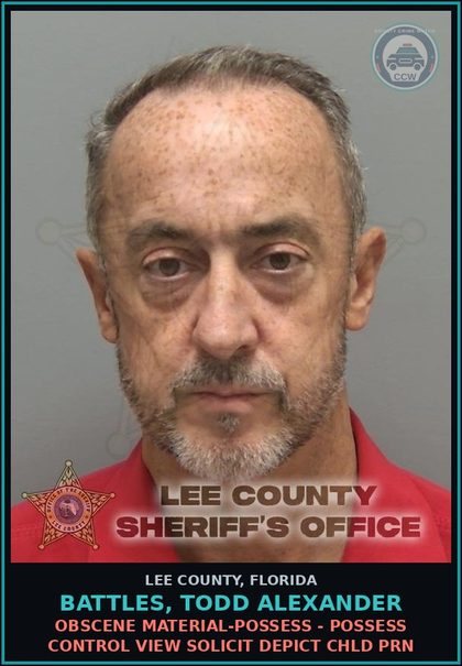 CCW arrest card for BATTLES, TODD ALEXANDER in Lee County: OBSCENE MATERIAL-POSSESS - POSSESS CONTROL VIEW SOLICIT DEPICT chld PORN