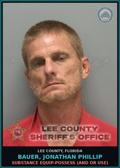 CCW arrest card for BAUER, JONATHAN PHILLIP in Lee County: DRUG EQUIP-POSSESS  (AND OR USE)