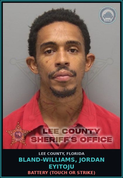 CCW arrest card for BLAND-WILLIAMS, JORDAN EYITOJU in Lee County: BATTERY  (TOUCH OR STRIKE)