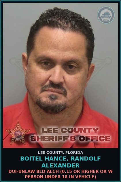 CCW arrest card for BOITEL HANCE, RANDOLF ALEXANDER in Lee County: DUI-UNLAW BLD ALCH  (0.15 OR HIGHER OR W PERSON UNDER 18 IN VEHICLE)