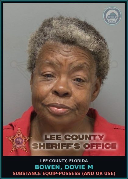 CCW arrest card for BOWEN, DOVIE M in Lee County: DRUG EQUIP-POSSESS  (AND OR USE)