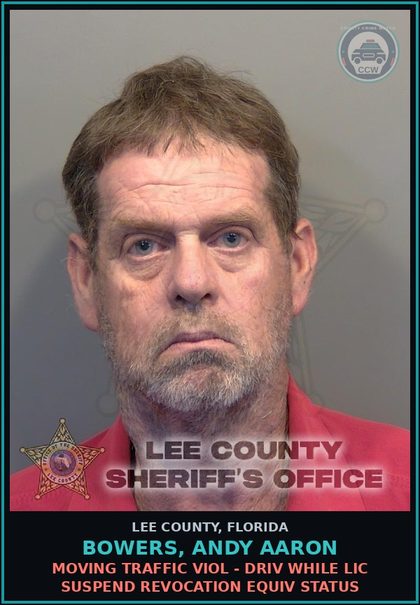 CCW arrest card for BOWERS, ANDY AARON in Lee County: MOVING TRAFFIC VIOL - DRIV WHILE LIC SUSPEND REVOCATION EQUIV STATUS