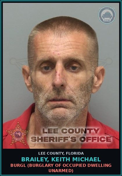 CCW arrest card for BRAILEY, KEITH MICHAEL in Lee County: BURGL  (BURGLARY OF OCCUPIED DWELLING UNARMED)