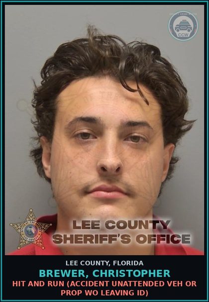 CCW arrest card for BREWER, CHRISTOPHER in Lee County: HIT AND RUN  (ACCIDENT UNATTENDED VEH OR PROP WO LEAVING ID)