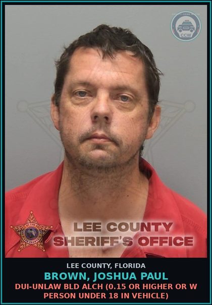 CCW arrest card for BROWN, JOSHUA PAUL in Lee County: MOVING TRAFFIC VIOL  (DRIV WHILE LIC SUSPEND REVOCATION EQUIV STATUS)