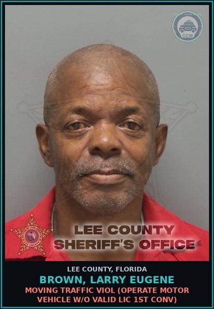 CCW arrest card for BROWN, LARRY EUGENE in Lee County: MOVING TRAFFIC VIOL  (OPERATE MOTOR VEHICLE W/O VALID LIC 1ST CONV)
