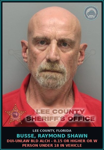 CCW arrest card for BUSSE, RAYMOND SHAWN in Lee County: DUI-UNLAW BLD ALCH - 0.15 OR HIGHER OR W PERSON UNDER 18 IN VEHICLE