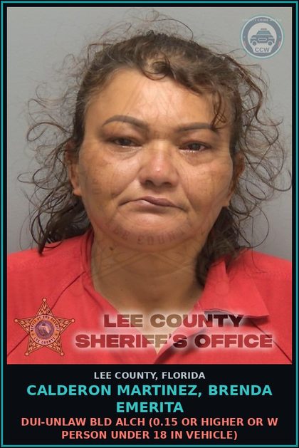 CCW arrest card for CALDERON MARTINEZ, BRENDA EMERITA in Lee County: DUI-UNLAW BLD ALCH  (0.15 OR HIGHER OR W PERSON UNDER 18 IN VEHICLE)