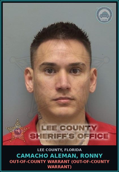 CCW arrest card for CAMACHO ALEMAN, RONNY in Lee County: OUT-OF-COUNTY WARRANT  (OUT-OF-COUNTY WARRANT)