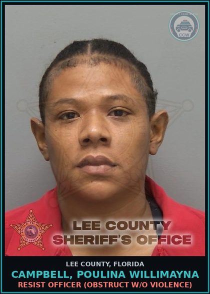 CCW arrest card for CAMPBELL, POULINA WILLIMAYNA in Lee County: MOVING TRAFFIC VIOL  (DRIV WHILE LIC SUSPEND REVOCATION EQUIV STATUS)