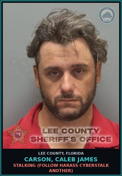 CCW arrest card for CARSON, CALEB JAMES in Lee County: STALKING  (FOLLOW HARASS CYBERSTALK ANOTHER)