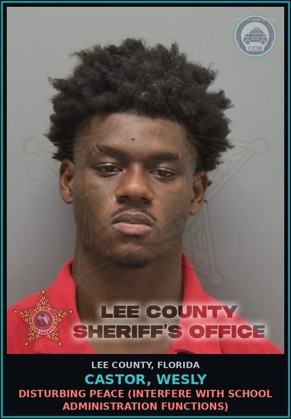 CCW arrest card for CASTOR, WESLY in Lee County: DISTURBING PEACE  (INTERFERE WITH SCHOOL ADMINISTRATION FUNCTIONS)