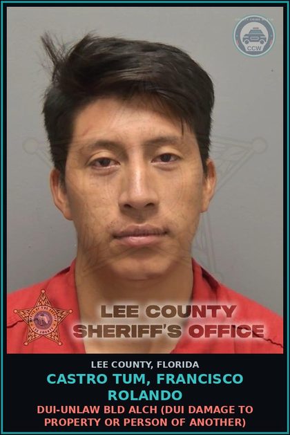 CCW arrest card for CASTRO TUM, FRANCISCO ROLANDO in Lee County: DUI-UNLAW BLD ALCH  (DUI DAMAGE TO PROPERTY OR PERSON OF ANOTHER)