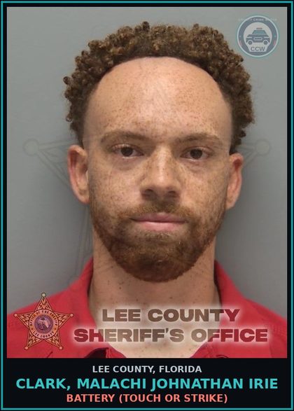 CCW arrest card for CLARK, MALACHI JOHNATHAN IRIE in Lee County: BATTERY  (TOUCH OR STRIKE)