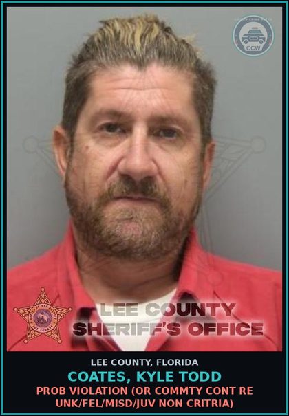 CCW arrest card for COATES, KYLE TODD in Lee County: PROB VIOLATION  (OR COMMTY CONT RE UNK/FEL/MISD/JUV NON CRITRIA)