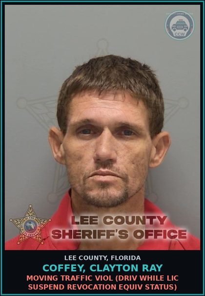 CCW arrest card for COFFEY, CLAYTON RAY in Lee County: MOVING TRAFFIC VIOL  (DRIV WHILE LIC SUSPEND REVOCATION EQUIV STATUS)