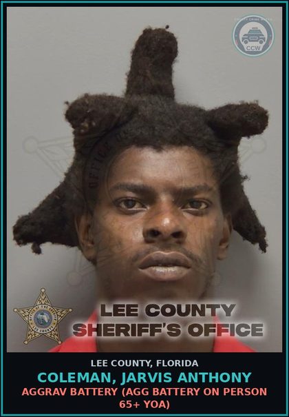 CCW arrest card for COLEMAN, JARVIS ANTHONY in Lee County: AGGRAV BATTERY  (AGG BATTERY ON PERSON 65+ YOA)