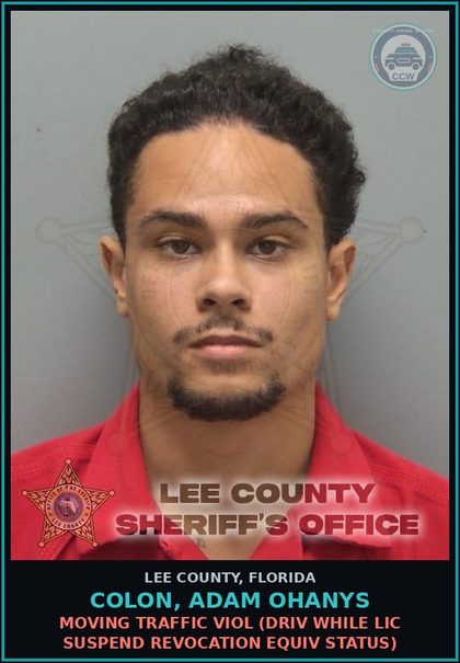 CCW arrest card for COLON, ADAM OHANYS in Lee County: MOVING TRAFFIC VIOL  (DRIV WHILE LIC SUSPEND REVOCATION EQUIV STATUS)