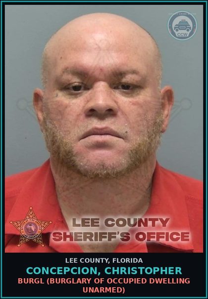 CCW arrest card for CONCEPCION, CHRISTOPHER in Lee County: BURGL  (BURGLARY OF OCCUPIED DWELLING UNARMED)