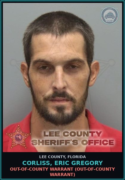 CCW arrest card for CORLISS, ERIC GREGORY in Lee County: OUT-OF-COUNTY WARRANT  (OUT-OF-COUNTY WARRANT)