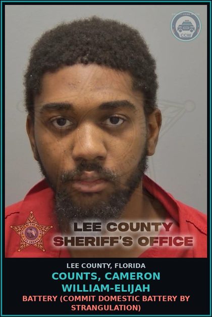 CCW arrest card for COUNTS, CAMERON WILLIAM-ELIJAH in Lee County: BATTERY  (COMMIT DOMESTIC BATTERY BY STRANGULATION)