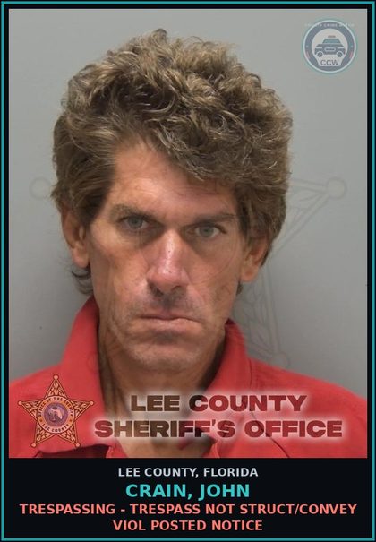 CCW arrest card for CRAIN, JOHN in Lee County: TRESPASSING - TRESPASS NOT STRUCT/CONVEY VIOL POSTED NOTICE