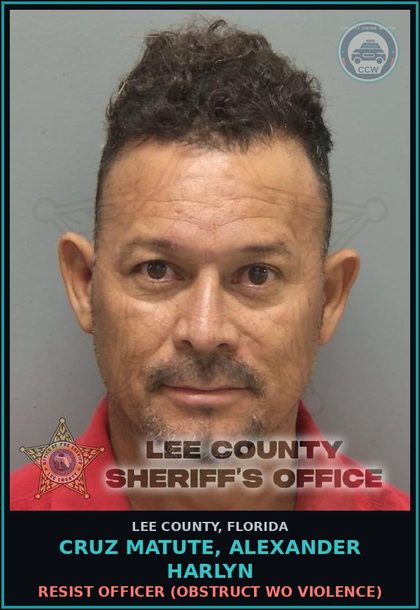 CCW arrest card for CRUZ MATUTE, ALEXANDER HARLYN in Lee County: RESIST OFFICER  (OBSTRUCT WO VIOLENCE)