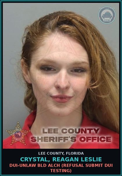 CCW arrest card for CRYSTAL, REAGAN LESLIE in Lee County: DUI-UNLAW BLD ALCH  (REFUSAL SUBMIT DUI TESTING)