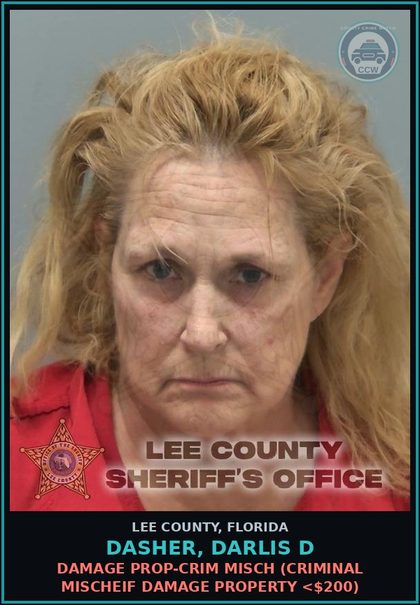 CCW arrest card for DASHER, DARLIS D in Lee County: DAMAGE PROP-CRIM MISCH  (CRIMINAL MISCHEIF DAMAGE PROPERTY <$200)