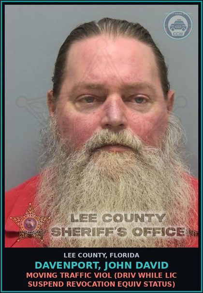 CCW arrest card for DAVENPORT, JOHN DAVID in Lee County: MOVING TRAFFIC VIOL  (DRIV WHILE LIC SUSPEND REVOCATION EQUIV STATUS)