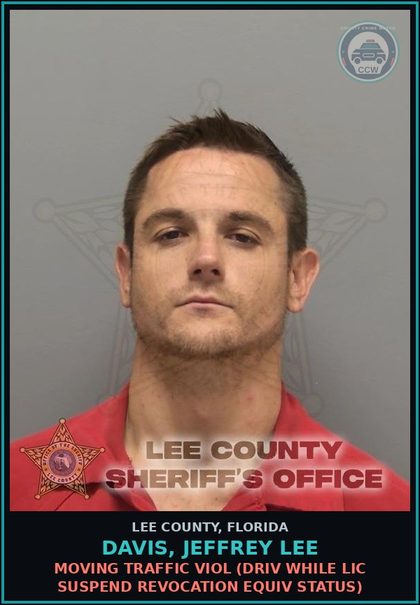 CCW arrest card for DAVIS, JEFFREY LEE in Lee County: MOVING TRAFFIC VIOL  (DRIV WHILE LIC SUSPEND REVOCATION EQUIV STATUS)