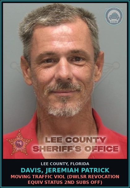 CCW arrest card for DAVIS, JEREMIAH PATRICK in Lee County: MOVING TRAFFIC VIOL  (DWLSR REVOCATION EQUIV STATUS 2ND SUBS OFF)