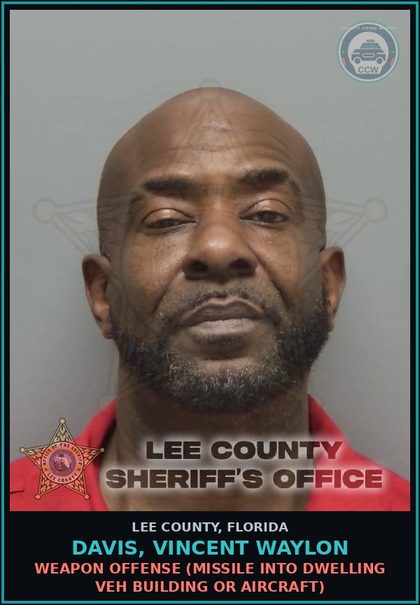 CCW arrest card for DAVIS, VINCENT WAYLON in Lee County: WEAPON OFFENSE  (MISSILE INTO DWELLING VEH BUILDING OR AIRCRAFT)