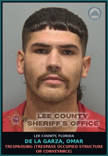 CCW arrest card for DE LA GARZA, OMAR in Lee County: TRESPASSING  (TRESPASS OCCUPIED STRUCTURE OR CONVEYANCE)