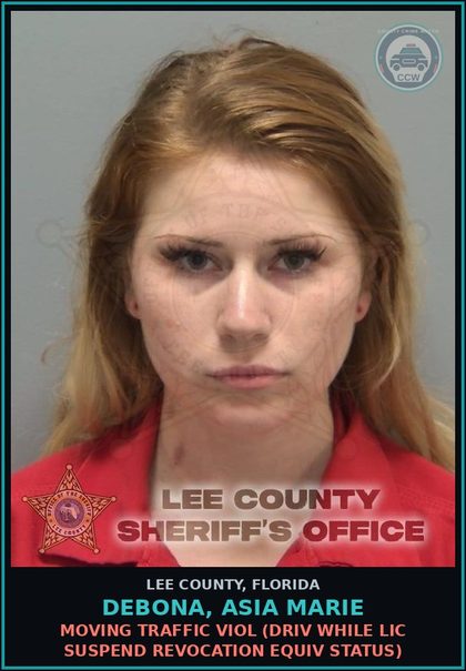 CCW arrest card for DEBONA, ASIA MARIE in Lee County: MOVING TRAFFIC VIOL  (DRIV WHILE LIC SUSPEND REVOCATION EQUIV STATUS)