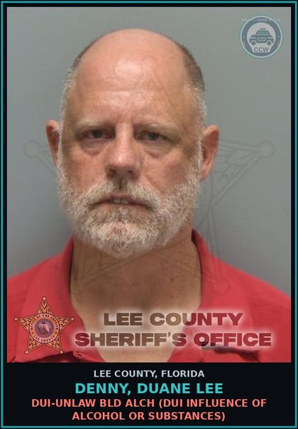 CCW arrest card for DENNY, DUANE LEE in Lee County: DUI-UNLAW BLD ALCH  (DUI INFLUENCE OF ALCOHOL OR DRUGS)
