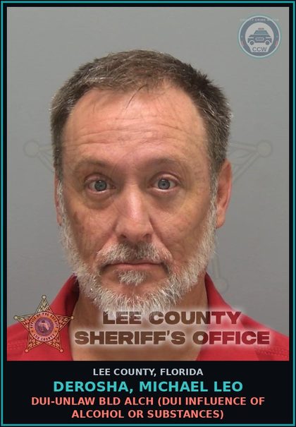CCW arrest card for DEROSHA, MICHAEL LEO in Lee County: DUI-UNLAW BLD ALCH  (DUI INFLUENCE OF ALCOHOL OR DRUGS)