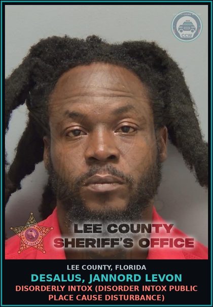 CCW arrest card for DESALUS, JANNORD LEVON in Lee County: DISORDERLY INTOX  (DISORDER INTOX PUBLIC PLACE CAUSE DISTURBANCE)
