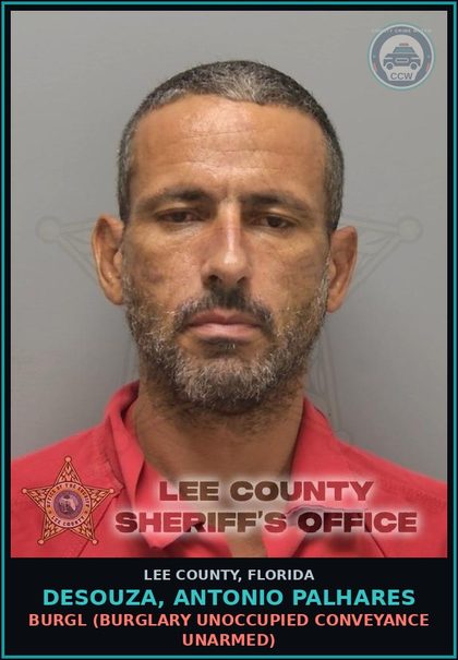 CCW arrest card for DESOUZA, ANTONIO PALHARES in Lee County: BURGL  (BURGLARY UNOCCUPIED CONVEYANCE UNARMED)