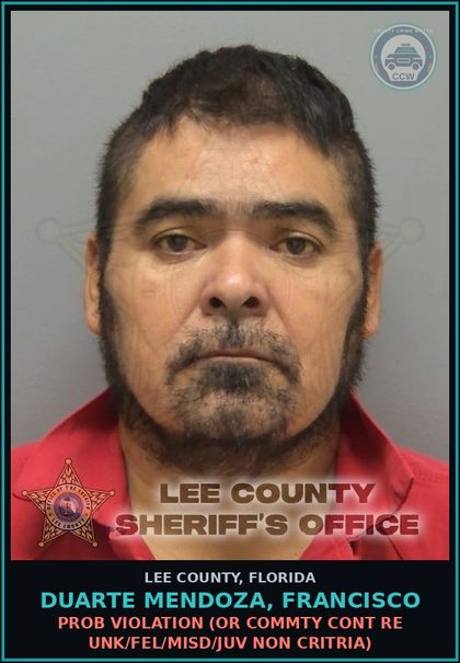 CCW arrest card for DUARTE MENDOZA, FRANCISCO in Lee County: PROB VIOLATION  (OR COMMTY CONT RE UNK/FEL/MISD/JUV NON CRITRIA)