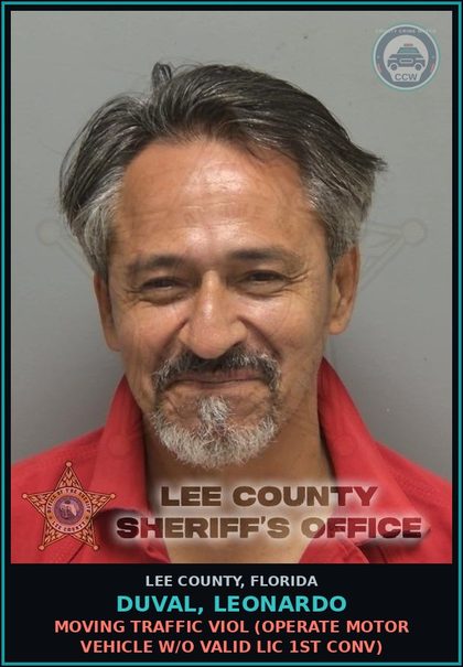 CCW arrest card for DUVAL, LEONARDO in Lee County: MOVING TRAFFIC VIOL  (OPERATE MOTOR VEHICLE W/O VALID LIC 1ST CONV)