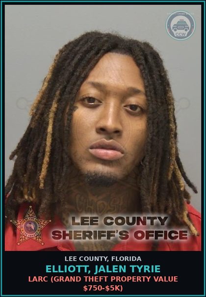 CCW arrest card for ELLIOTT, JALEN TYRIE in Lee County: LARC  (GRAND THEFT PROPERTY VALUE $750-$5K)