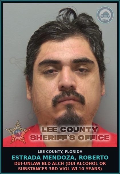 CCW arrest card for ESTRADA MENDOZA, ROBERTO in Lee County: DUI-UNLAW BLD ALCH  (DUI ALCOHOL OR DRUGS 3RD VIOL WI 10 YEARS)