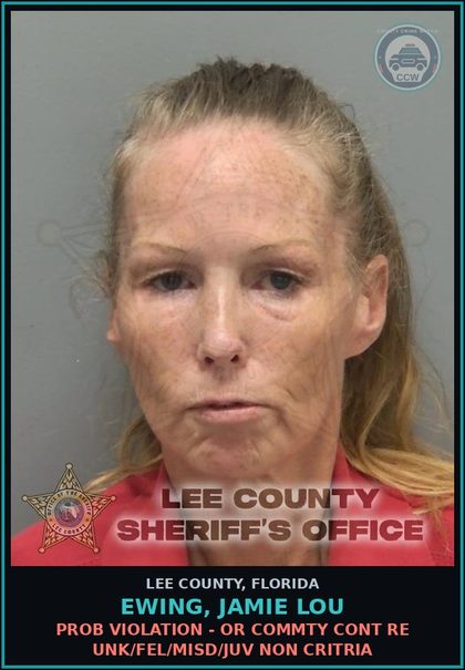 CCW arrest card for EWING, JAMIE LOU in Lee County: PROB VIOLATION - OR COMMTY CONT RE UNK/FEL/MISD/JUV NON CRITRIA