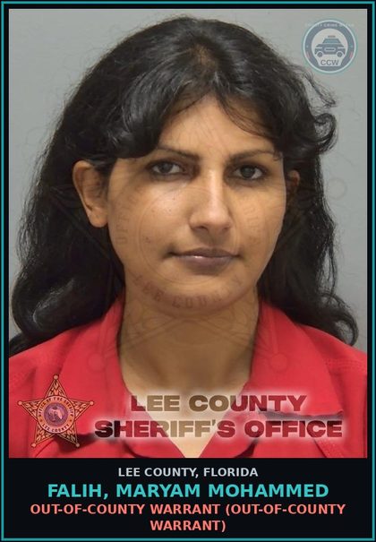 CCW arrest card for FALIH, MARYAM MOHAMMED in Lee County: OUT-OF-COUNTY WARRANT  (OUT-OF-COUNTY WARRANT)