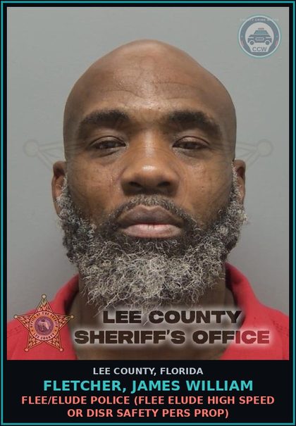 CCW arrest card for FLETCHER, JAMES WILLIAM in Lee County: FLEE/ELUDE POLICE  (FLEE ELUDE HIGH SPEED OR DISR SAFETY PERS PROP)