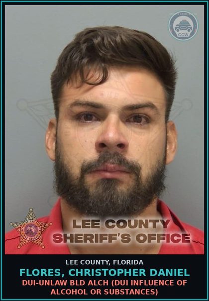 CCW arrest card for FLORES, CHRISTOPHER DANIEL in Lee County: DUI-UNLAW BLD ALCH  (DUI INFLUENCE OF ALCOHOL OR DRUGS)