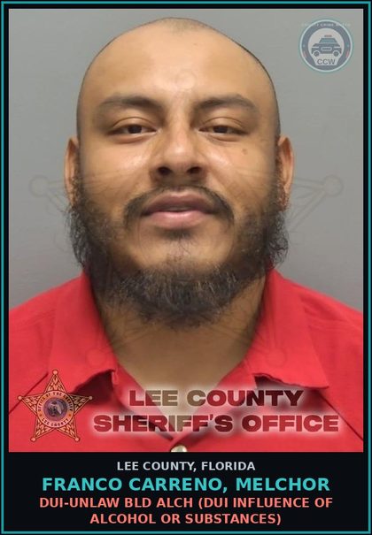 CCW arrest card for FRANCO CARRENO, MELCHOR in Lee County: DUI-UNLAW BLD ALCH  (DUI INFLUENCE OF ALCOHOL OR DRUGS)