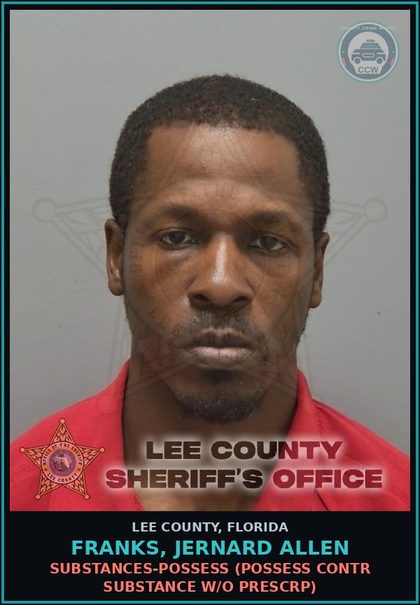 CCW arrest card for FRANKS, JERNARD ALLEN in Lee County: DRUGS-POSSESS  (POSSESS contr substance W/O PRESCRIPTION)