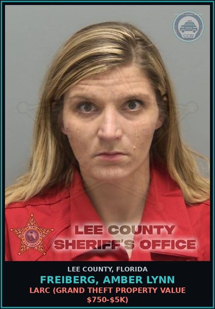 CCW arrest card for FREIBERG, AMBER LYNN in Lee County: LARC  (GRAND THEFT PROPERTY VALUE $750-$5K)